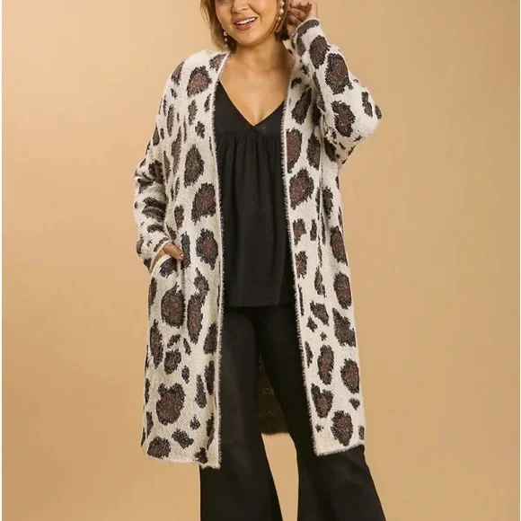 Umgee Fuzzy Eyelash Leopard Longline Open Front Cardi Cardigan Sweater - Picture 6 of 13